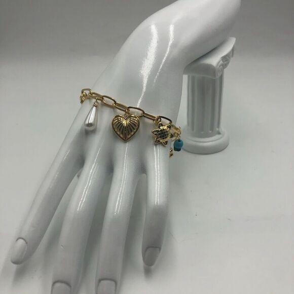 18K Gold Plated Women's Charm Bracelet Heart Sun Flower Beads Hypoallergenic - Picture 5 of 10